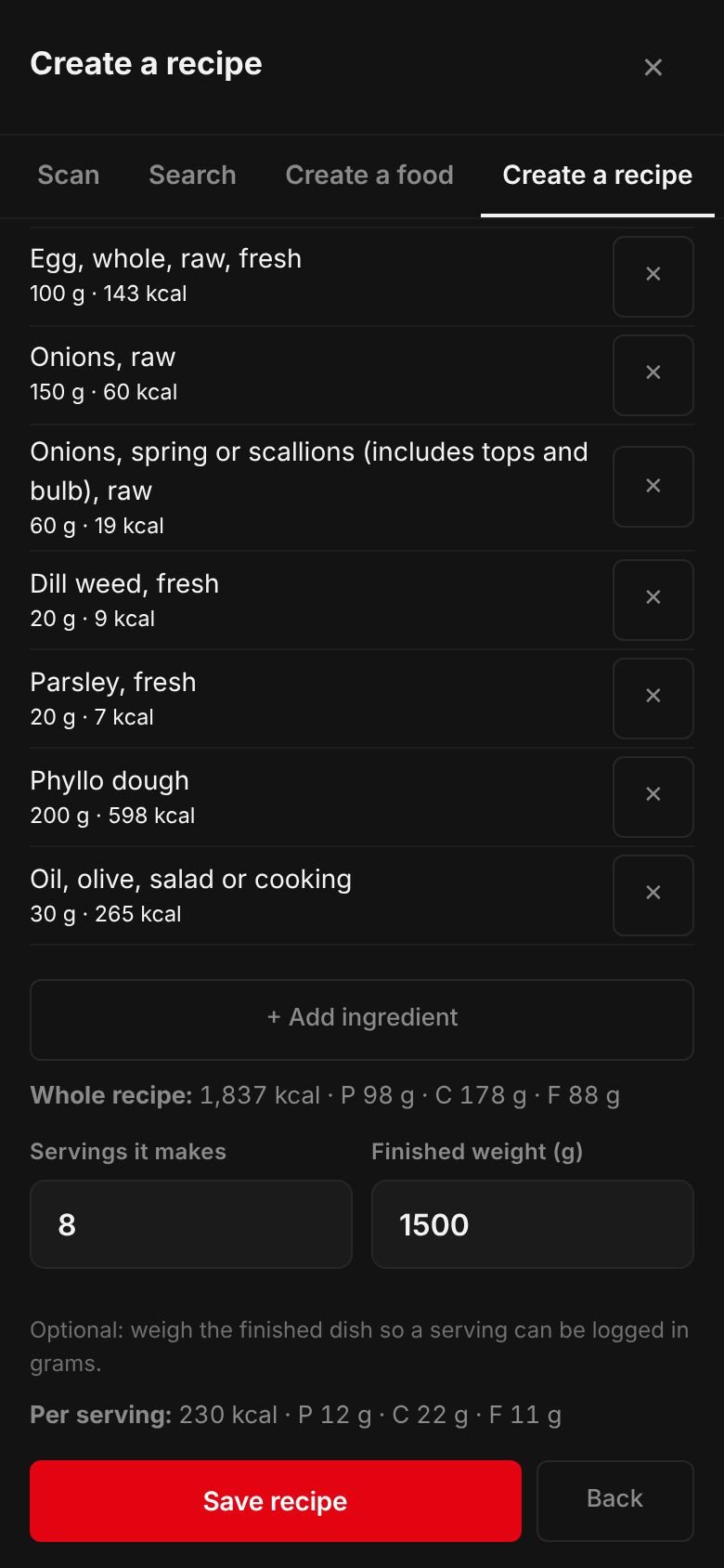 The Spanakopita recipe on a phone: its ingredients and their calories, the whole recipe at 1,837 kcal, 8 servings, a finished weight of 1,500 g and 230 kcal per serving.