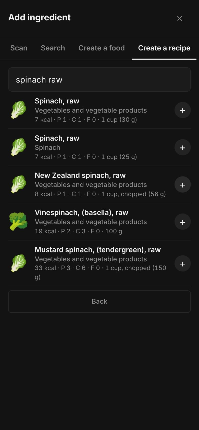 Add ingredient on a phone with “spinach raw” typed in the search box and matching library entries listed, each with its calories and a portion.