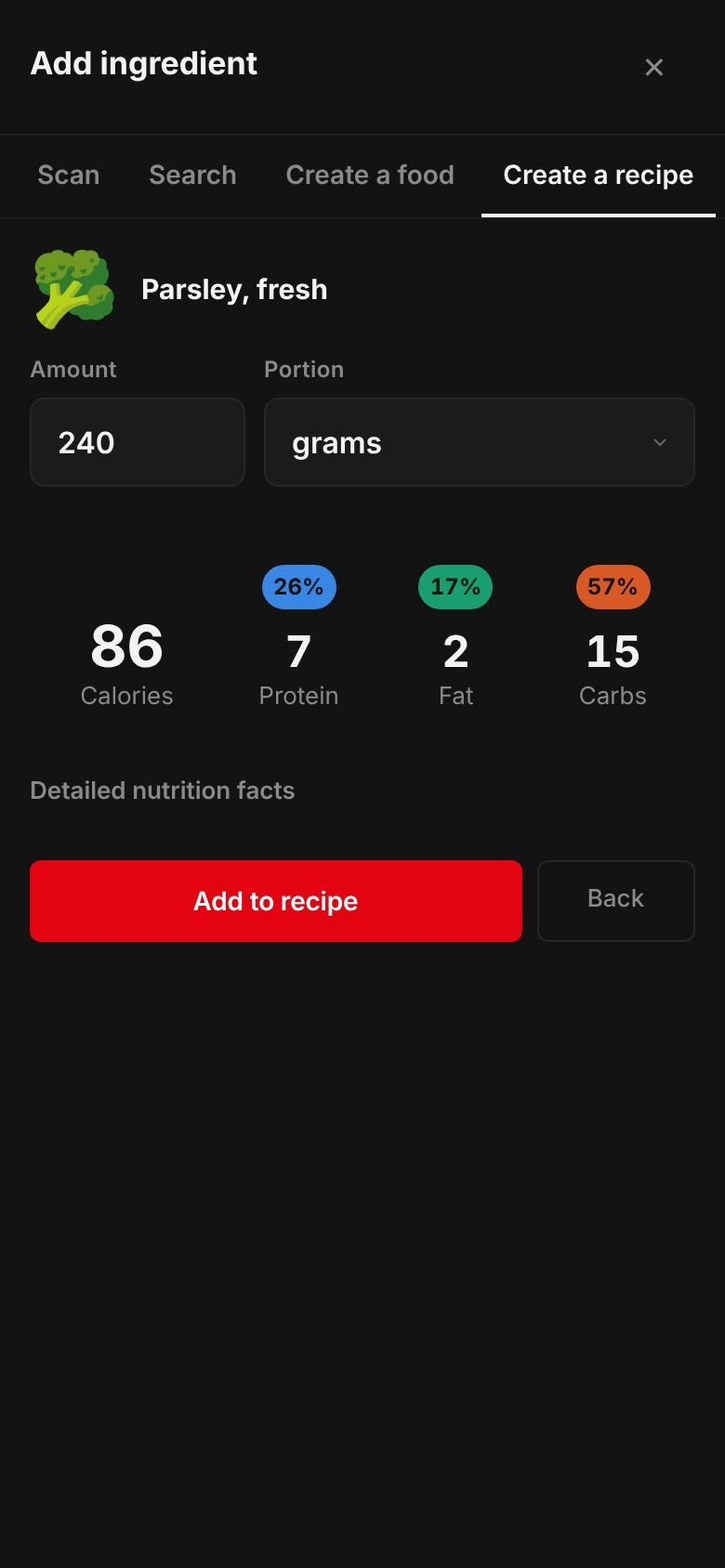 The amount sheet for parsley, fresh: 240 grams giving 86 calories, 7 g protein, 15 g carbs and 2 g fat, with an Add to recipe button.