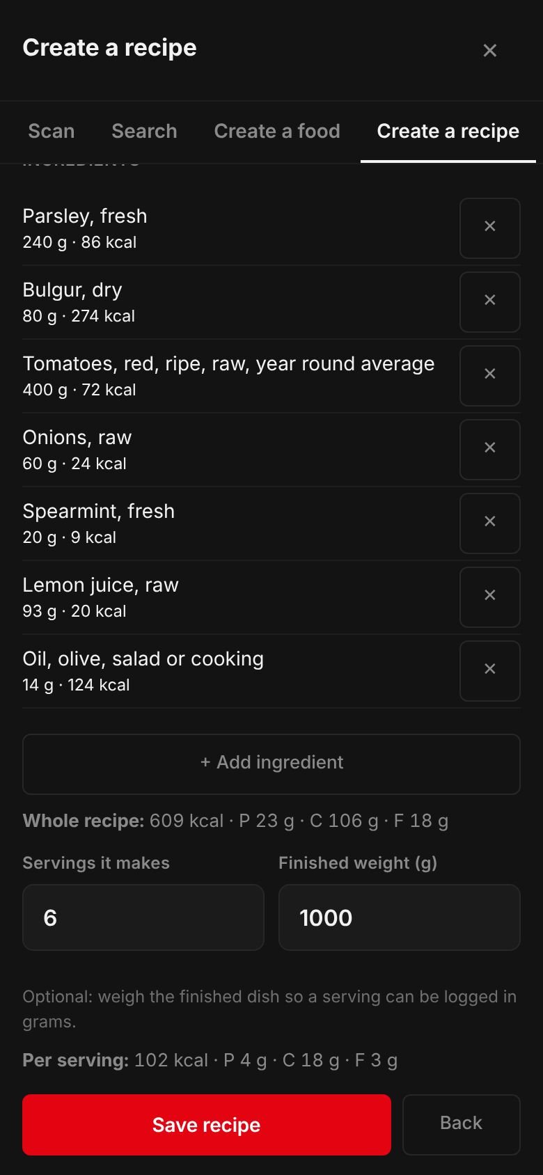 The Tabbouleh recipe on a phone: its ingredients and their calories, the whole recipe at 609 kcal, 6 servings, a finished weight of 1,000 g and 102 kcal per serving.
