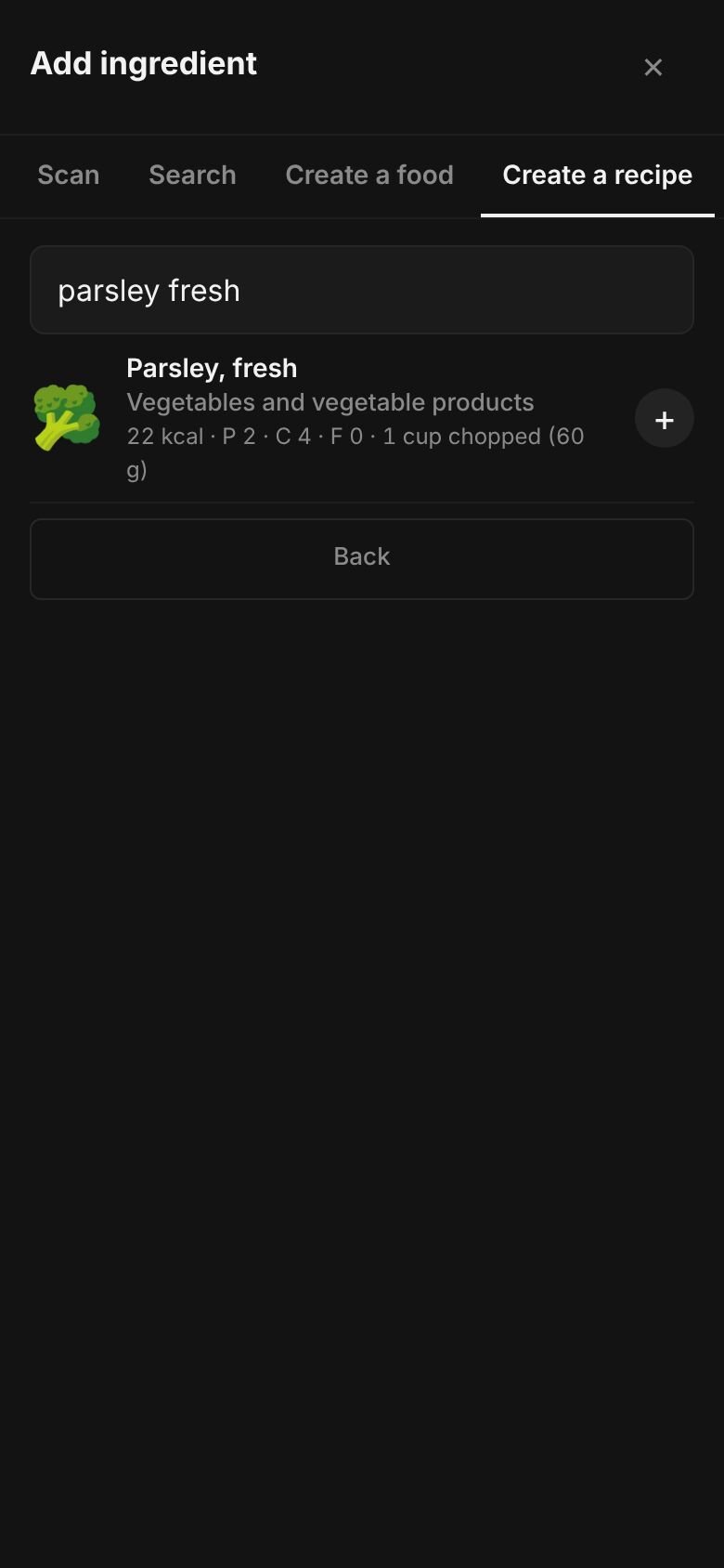 Add ingredient on a phone with “parsley fresh” typed in the search box and matching library entries listed, each with its calories and a portion.