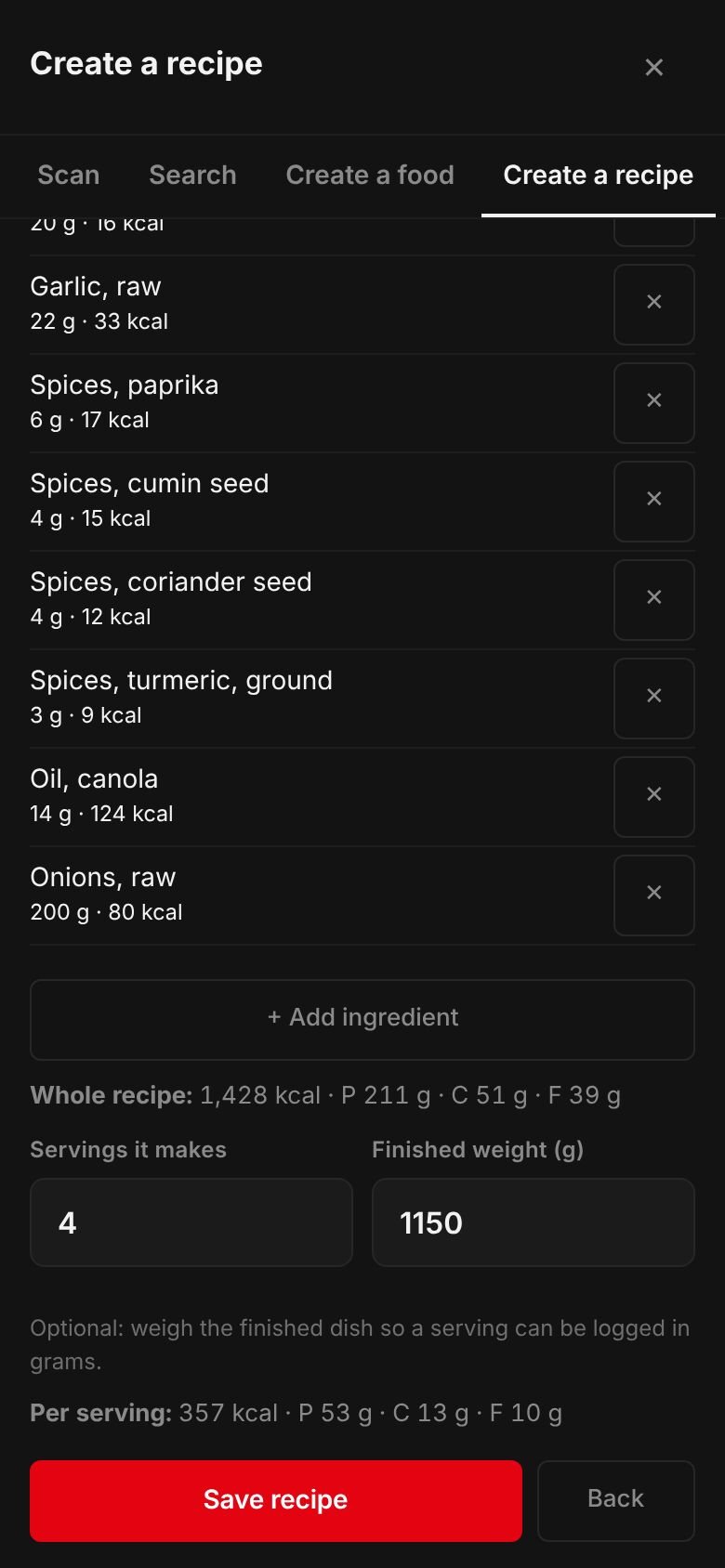 The Tandoori chicken recipe on a phone: its ingredients and their calories, the whole recipe at 1,428 kcal, 4 servings, a finished weight of 1,150 g and 357 kcal per serving.