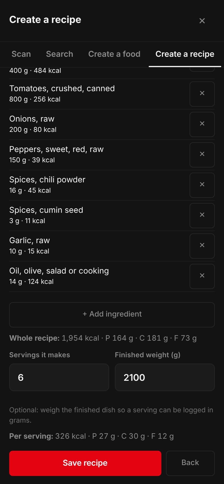 The Turkey chili recipe on a phone: its ingredients and their calories, the whole recipe at 1,954 kcal, 6 servings, a finished weight of 2,100 g and 326 kcal per serving.