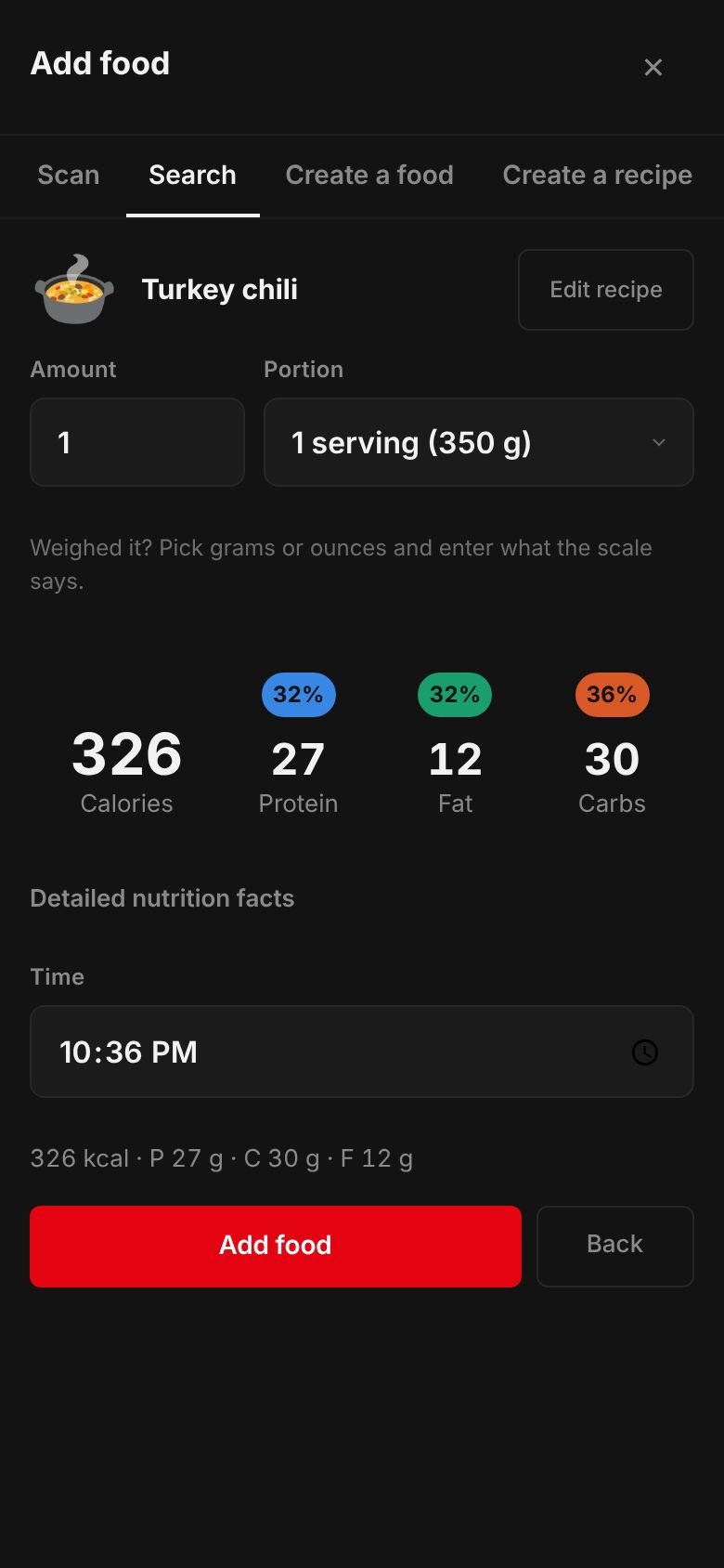 The saved Turkey chili recipe ready to log: one serving of 350 g at 326 kcal with 27 g protein, 30 g carbs and 12 g fat.