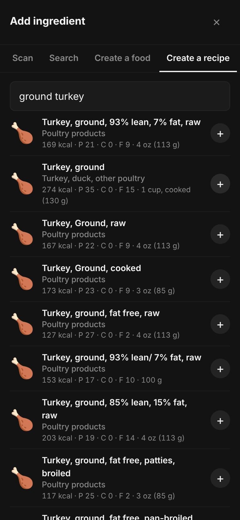 Add ingredient on a phone with “ground turkey” typed in the search box and matching library entries listed, each with its calories and a portion.