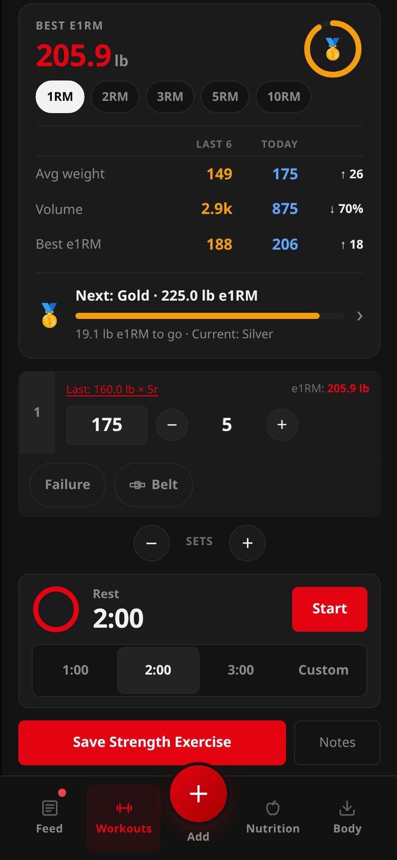 The real strength entry on a phone, with the rest countdown and 1:00, 2:00, 3:00 and Custom controls below the sets.