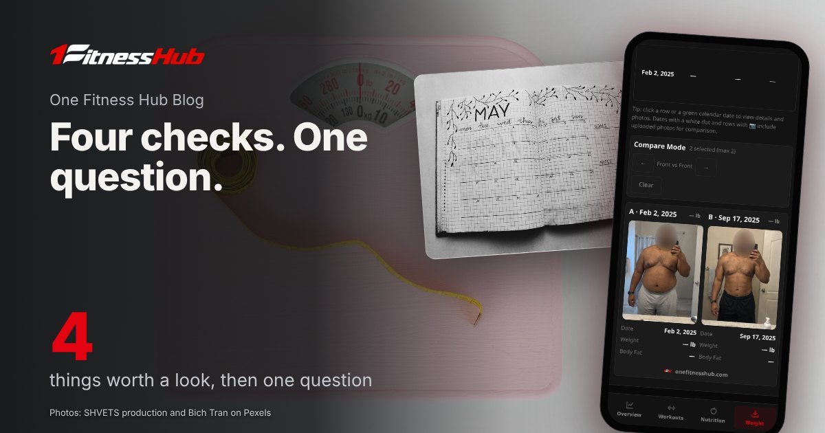 Cover: the headline over a photo of a tape measure coiled on a pink bathroom scale, beside a second photo of an open planner showing a month grid and an app screen on a phone.