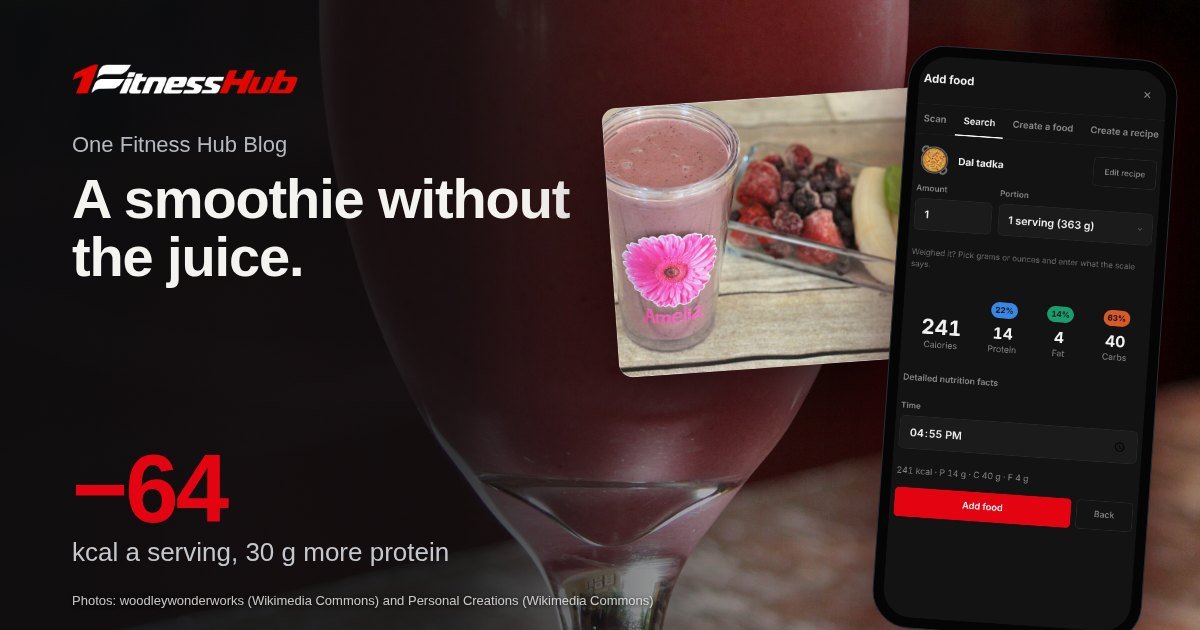 Cover: the headline over a photo of a glass of strawberry smoothie, beside a second photo of a pink berry smoothie beside banana, berries and spinach and an app screen on a phone.