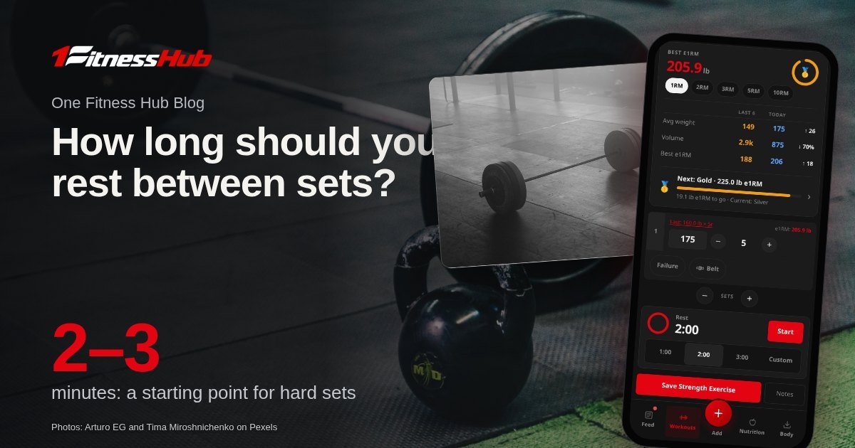 Cover: the headline over a photo of a barbell and a kettlebell on a black gym mat, beside a second photo of a black-and-white barbell resting on a gym floor and an app screen on a phone.