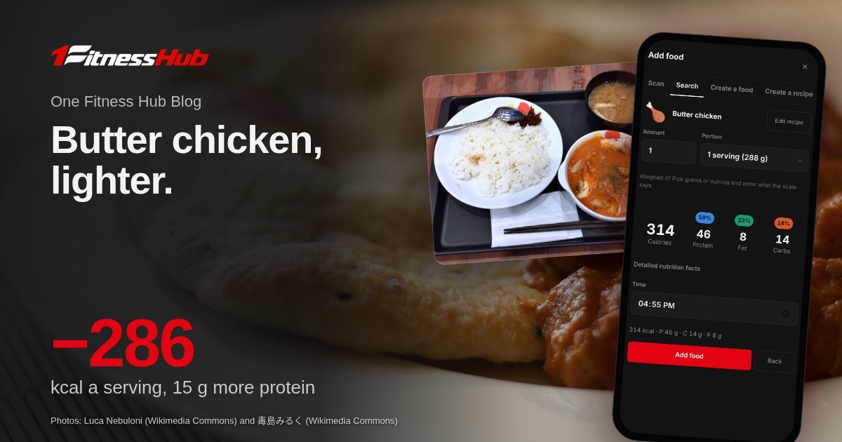Cover: the headline over a photo of butter chicken curry beside naan on a white plate, beside a second photo of butter chicken curry served with rice and an app screen on a phone.