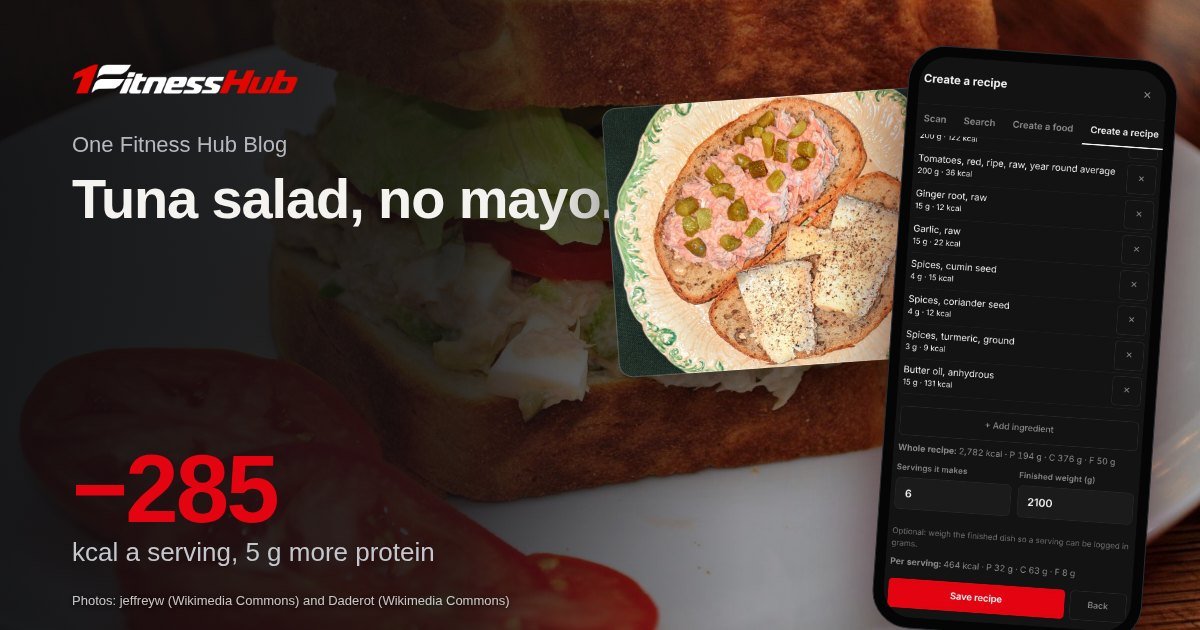 Cover: the headline over a photo of a tuna salad sandwich, beside a second photo of tuna mixed with Greek yogurt, cornichons and black pepper and an app screen on a phone.