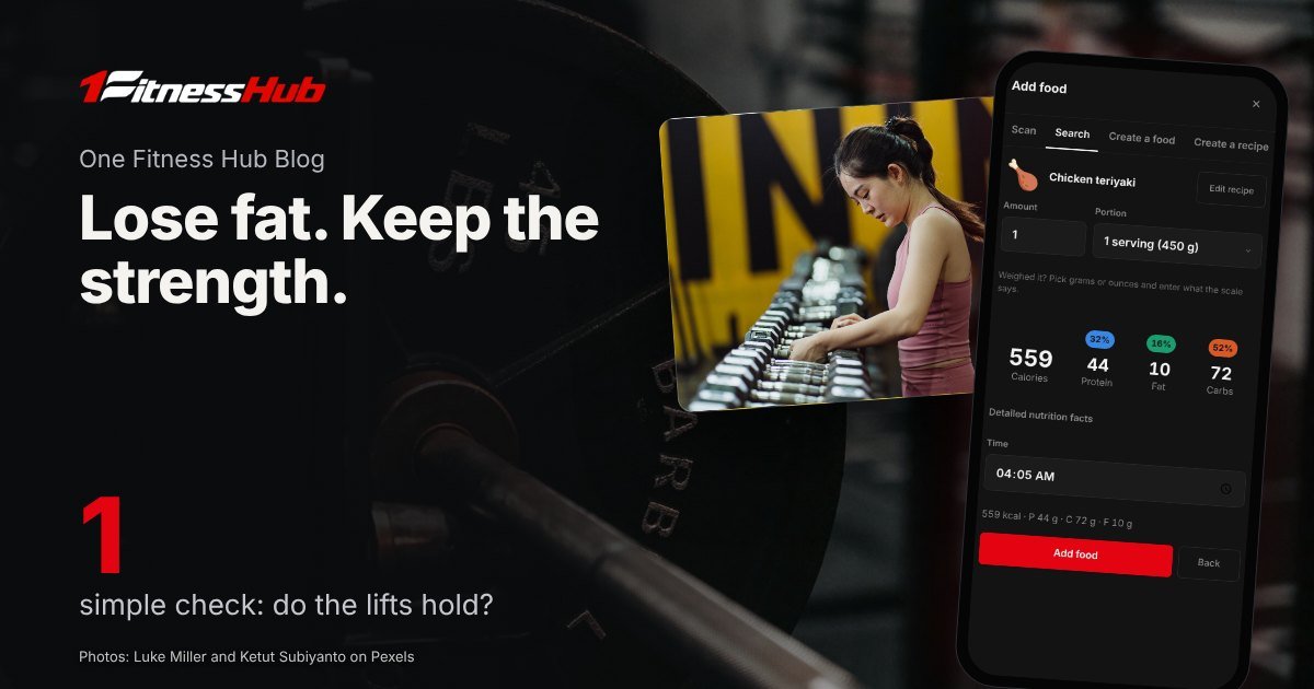 Cover: the headline over a photo of a barbell loaded with a 45 lb plate in a dim gym, beside a second photo of a woman choosing a dumbbell from a gym rack and an app screen on a phone.