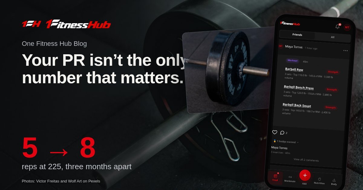 Cover: the headline over a photo of a loaded barbell on dark rubber gym flooring, beside a second photo of a barbell with a single plate on a dark gym floor and an app screen on a phone.