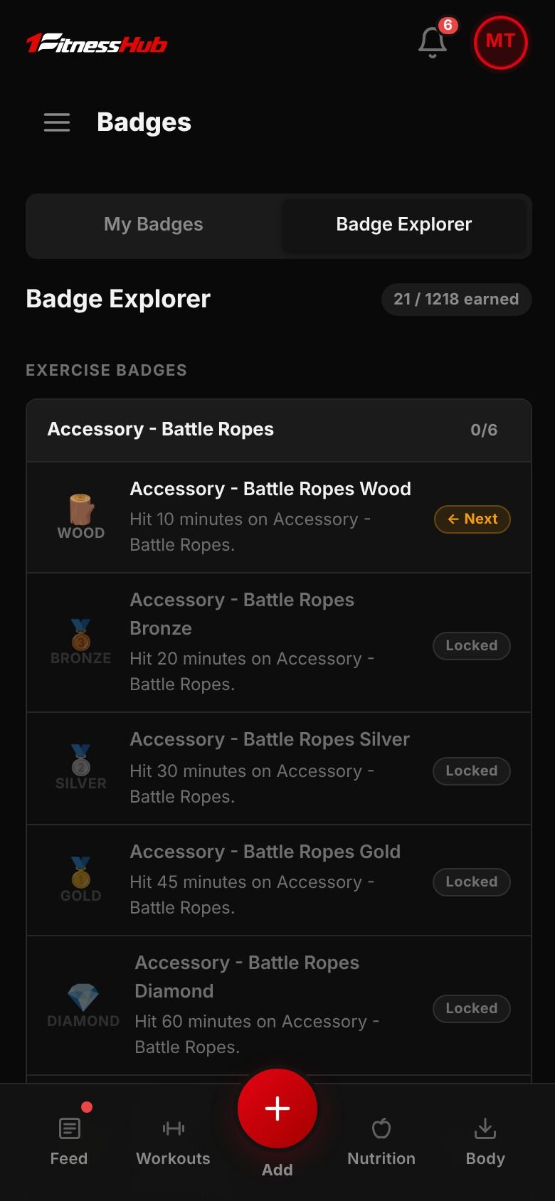 Badge Explorer: how many badges are earned out of all, then each exercise with its six badges, the next one marked and the rest Locked.