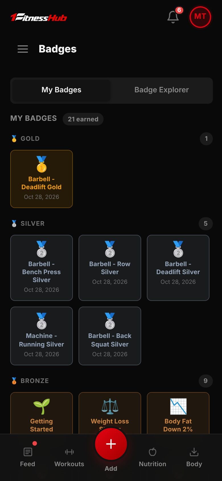 My Badges: 21 earned, grouped by tier (Gold, Silver, Bronze and Wood), each with the date it was earned.