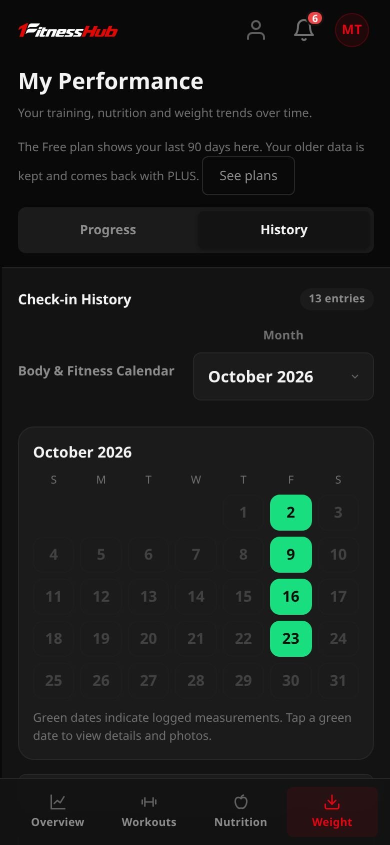 The Weight History tab: a calendar with check-in days marked, and a table of each check-in.