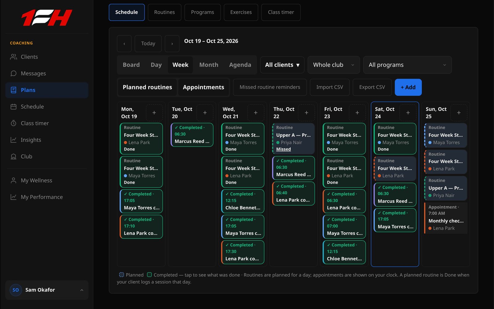 The coach Calendar on a computer in week view, with planned workouts in blue and completed sessions in green across the week.