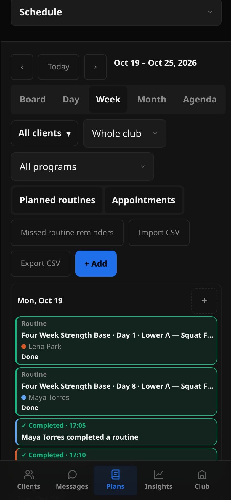 The coaching calendar in Week view, with Today, Day, Week, Month and Agenda controls, client filters, Planned workouts and Appointments.