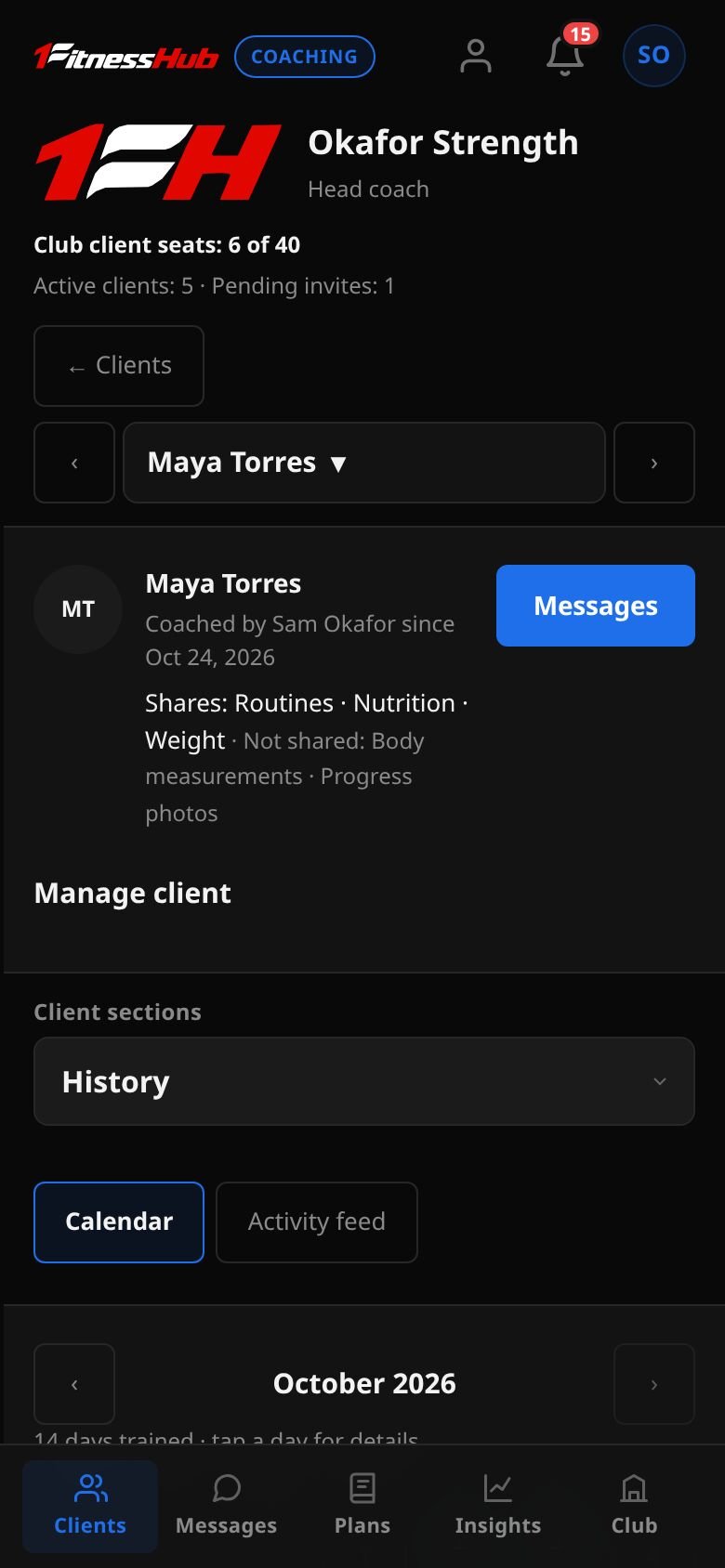 The History section as a month calendar for October 2026, with days the client trained highlighted and showing a count, Monday first.