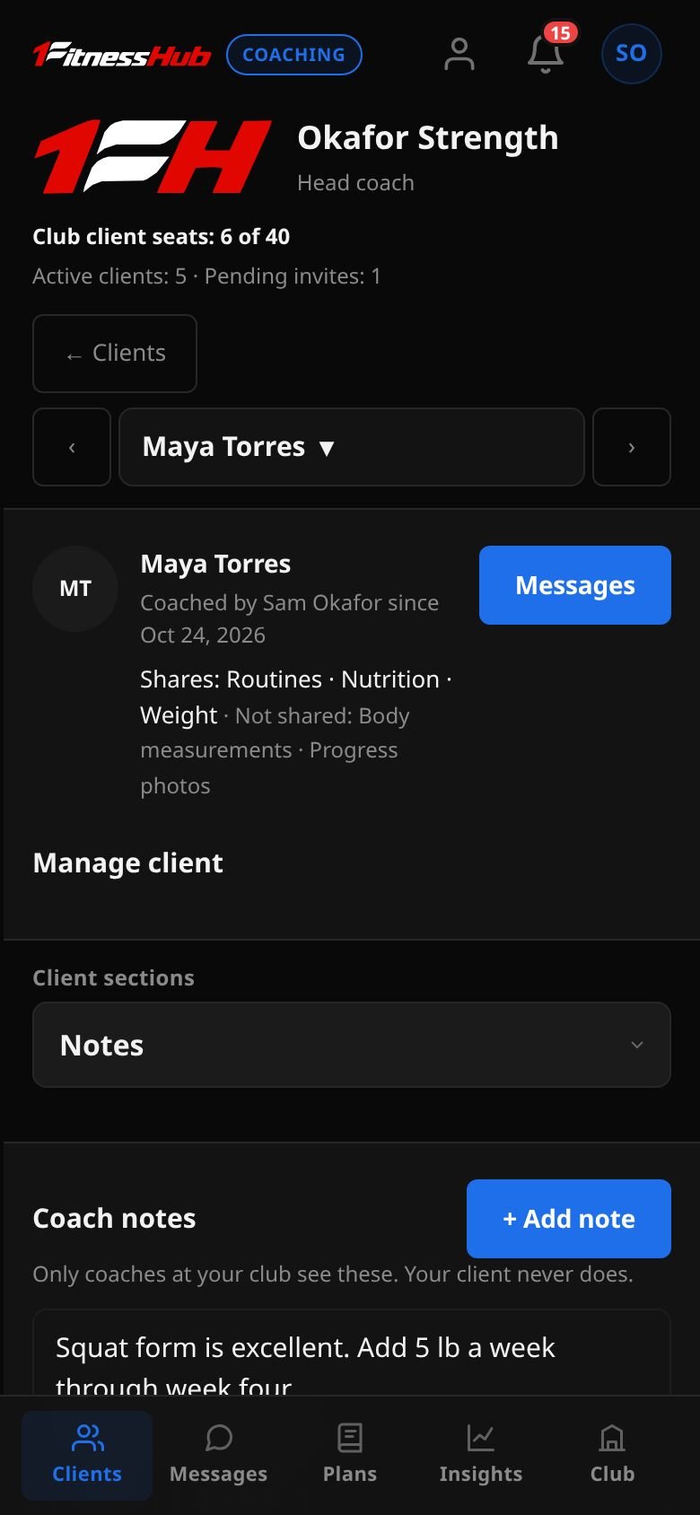 The Notes section: Coach notes, an Add note button, and a pinned note about squat form with Edit and Delete buttons.