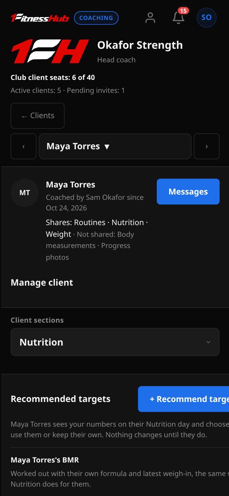 The Nutrition section for Maya Torres: Recommended targets with a Recommend targets button, her BMR with the formula used, weigh-in and maintenance calories.