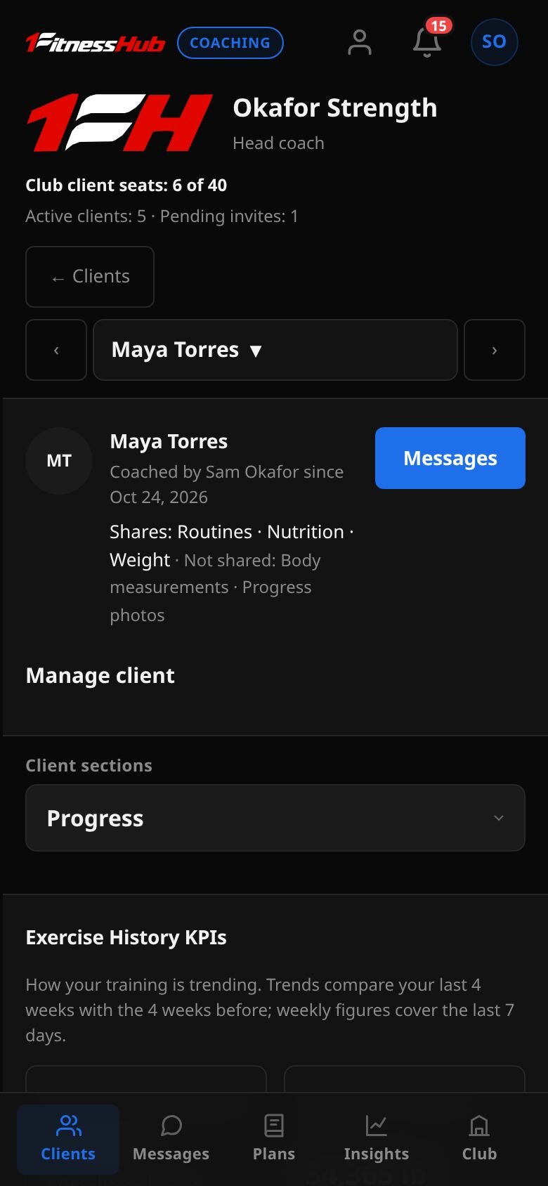 The Progress section: Exercise History KPIs such as e1RM trend and volume load for the client.