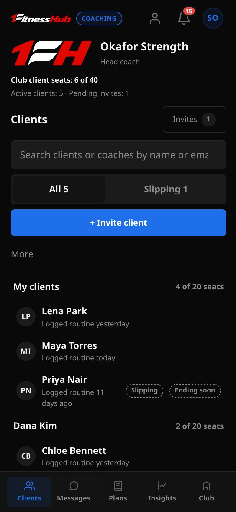 The Clients area for the head coach of Okafor Strength: client seats 6 of 40, All 5 and Slipping 1 filters, an Invite client button, and a list of clients grouped under each coach with seat counts.