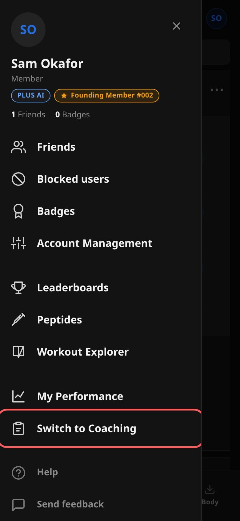 The account menu on a phone with Coaching ringed in the group of lenses below the line.