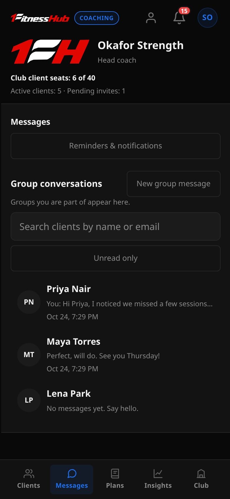 The Messages inbox listing Maya Torres, Priya Nair and Lena Park with the latest line of each conversation and an Unread only button.