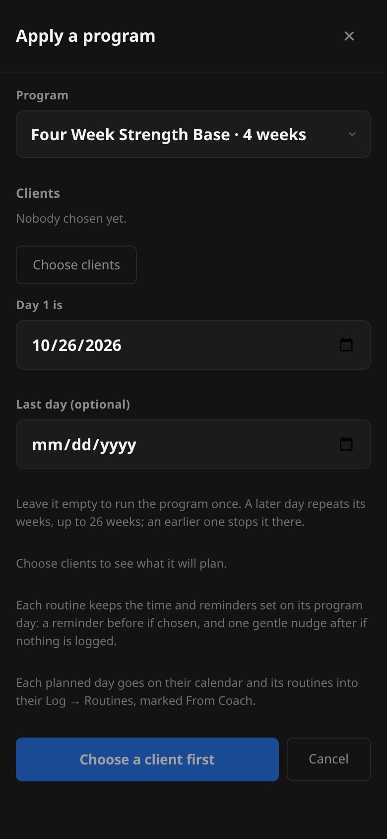 The Assign program dialog with the selected program name, client checkboxes, a Day 1 date and an Assign button.