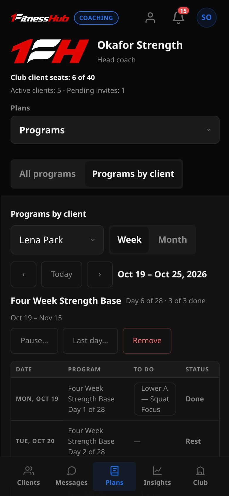 Programs by client for Lena Park, a week of Four Week Strength Base days with each day marked Done, Rest or Missed in words.