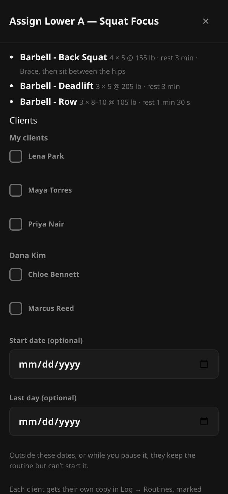 The Assign sheet for a routine listing My clients and Dana Kim’s clients with tick boxes, and a start date.