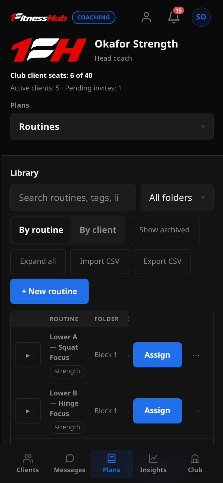 Plans set to Routines: a library with a search box, All folders, Show archived, Import CSV, Export CSV and + New routine buttons, and a table of routines such as Lower A Squat Focus in folder Block 1.