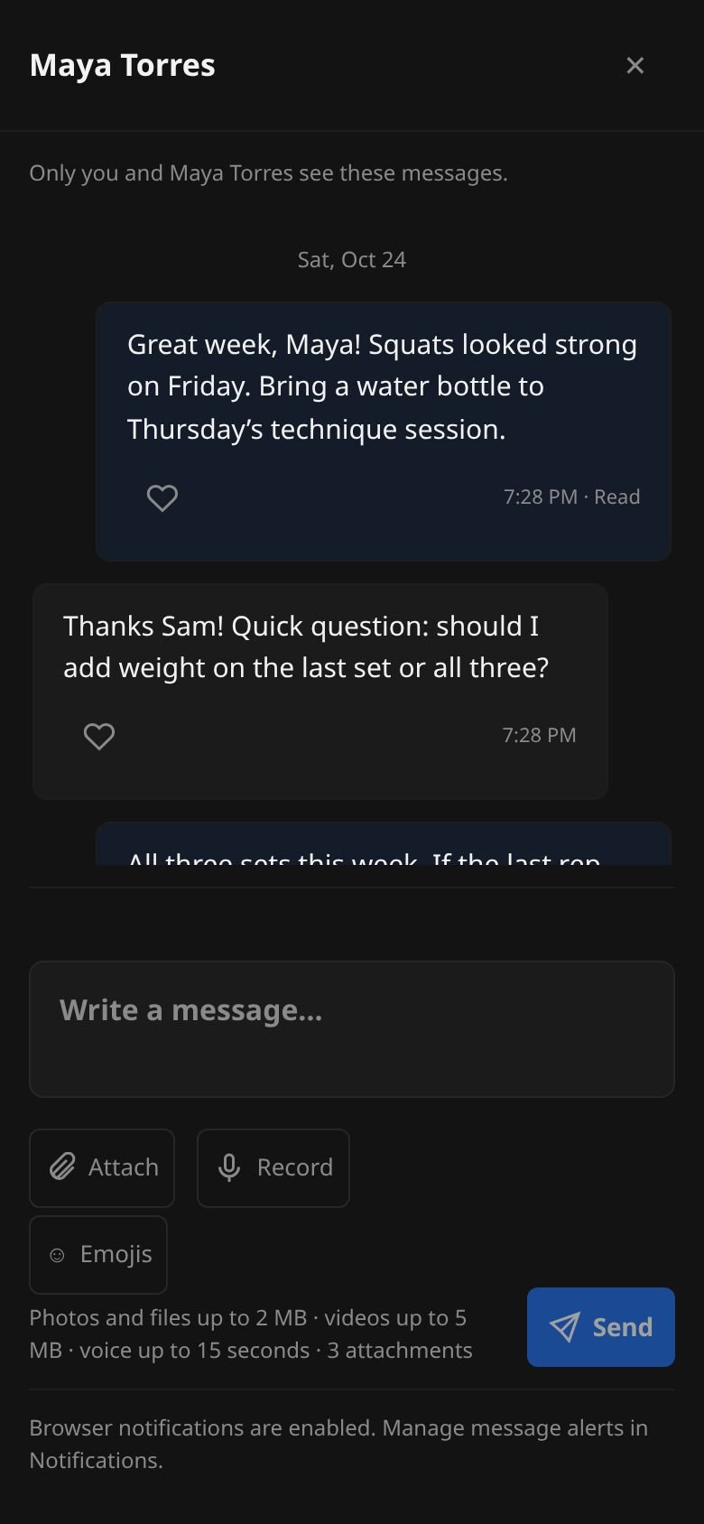 A message thread with Maya Torres: the coach and client taking turns about adding weight, and below them a message box with Attach, Record and Emojis buttons and a Send button.