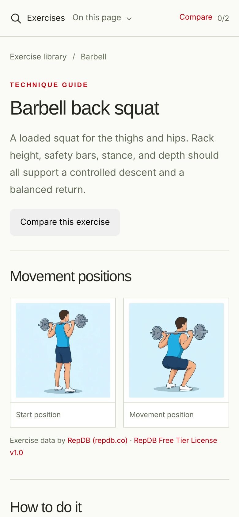 A Workout Explorer guide for the barbell back squat: a short summary, the Compare this exercise button and the start and movement position pictures.