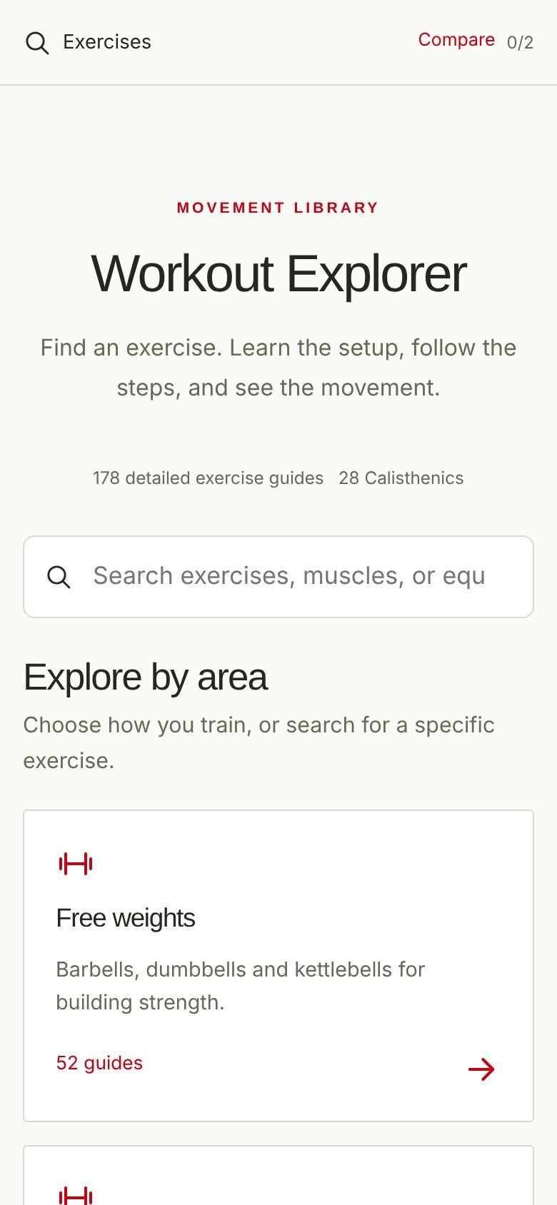 The Workout Explorer on a phone: its title, the count of detailed guides, a search box and Explore by area cards such as Free weights.