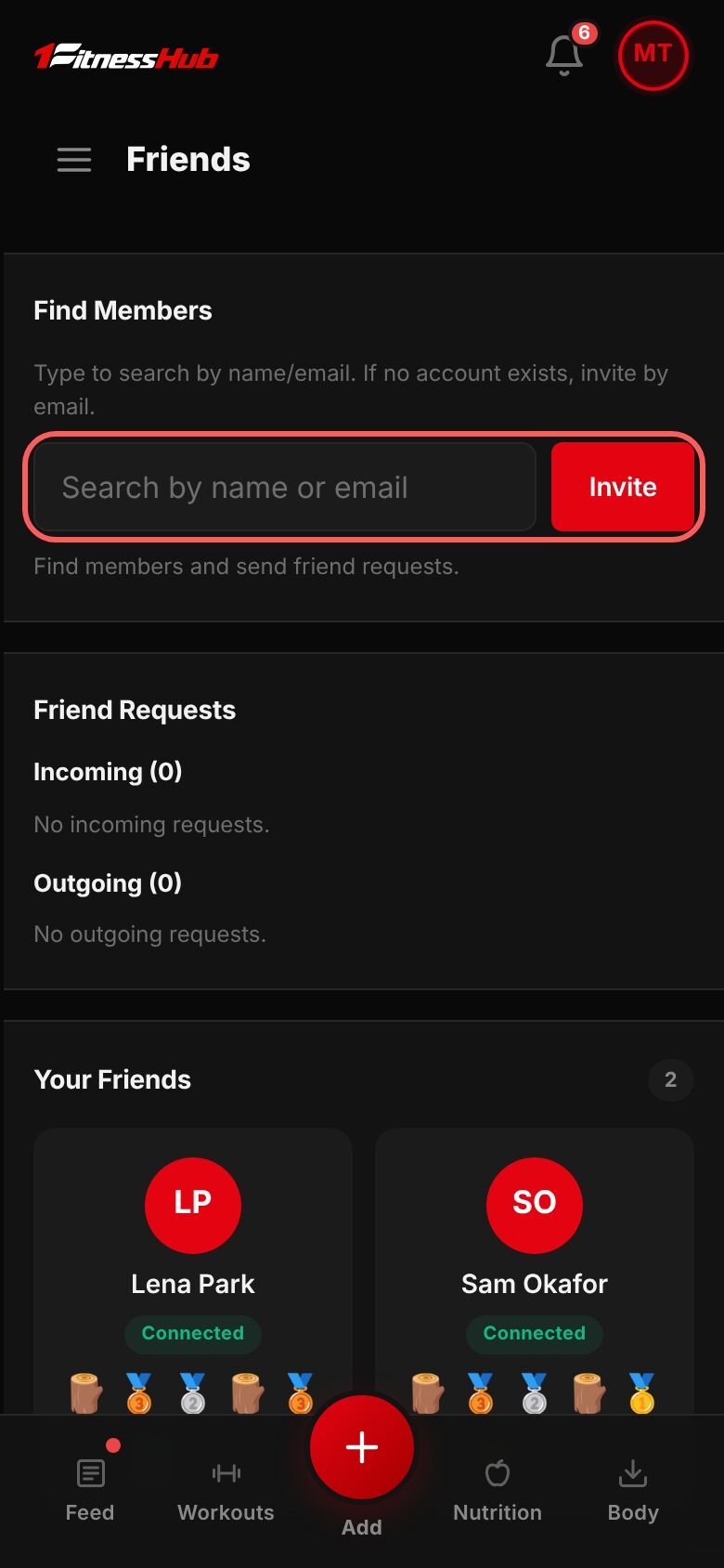 The Friends screen: Find Members with a search box and an Invite button, Friend Requests with Incoming and Outgoing, and Your Friends with Connected labels and badges.