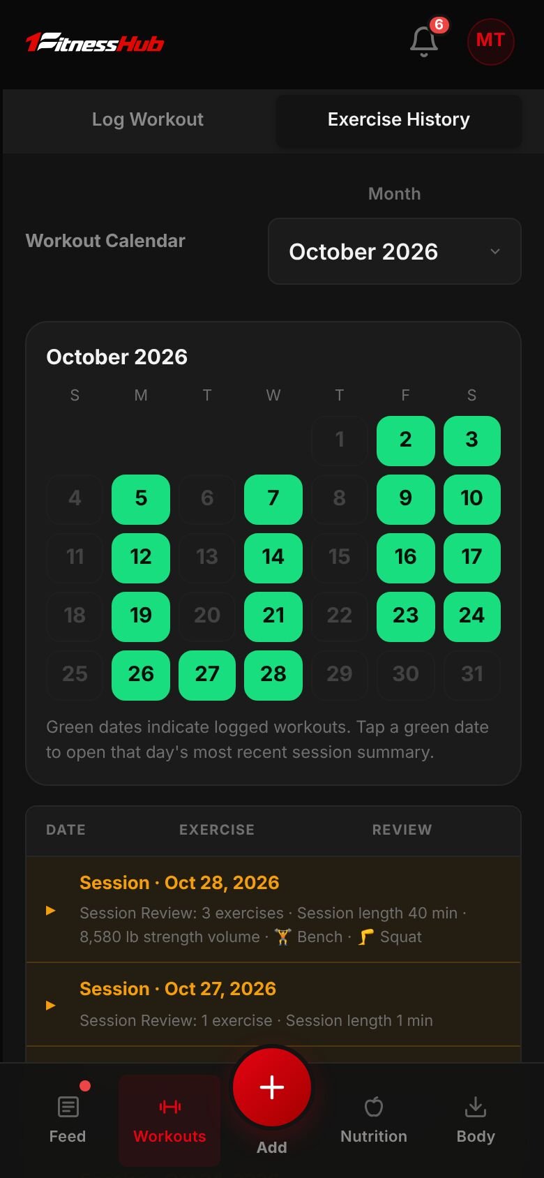 Exercise History: the Workout Calendar for October with logged days marked, above session rows with their length and strength volume.