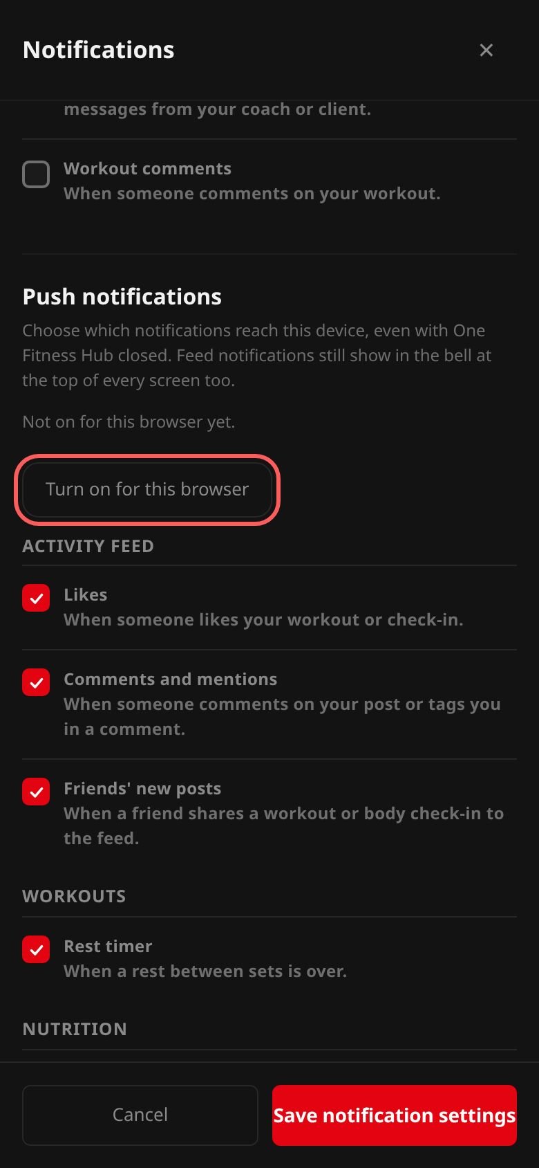 The Notifications editor scrolled to Push notifications, with Turn on for this browser outlined above the Activity feed category switches.