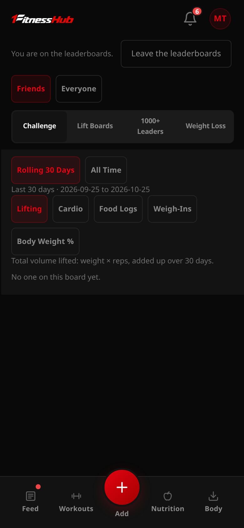 The Leaderboards screen: You are on the leaderboards with a Leave the leaderboards button, then Friends and Everyone, the Challenge tab, Rolling 30 days or All time, the five boards and the ranked list.