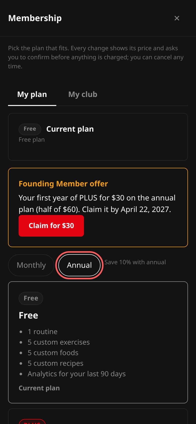 The Membership page on its My plan tab: Maya Torres on the Free plan, her Founding Member offer, and the plans with monthly and annual prices.
