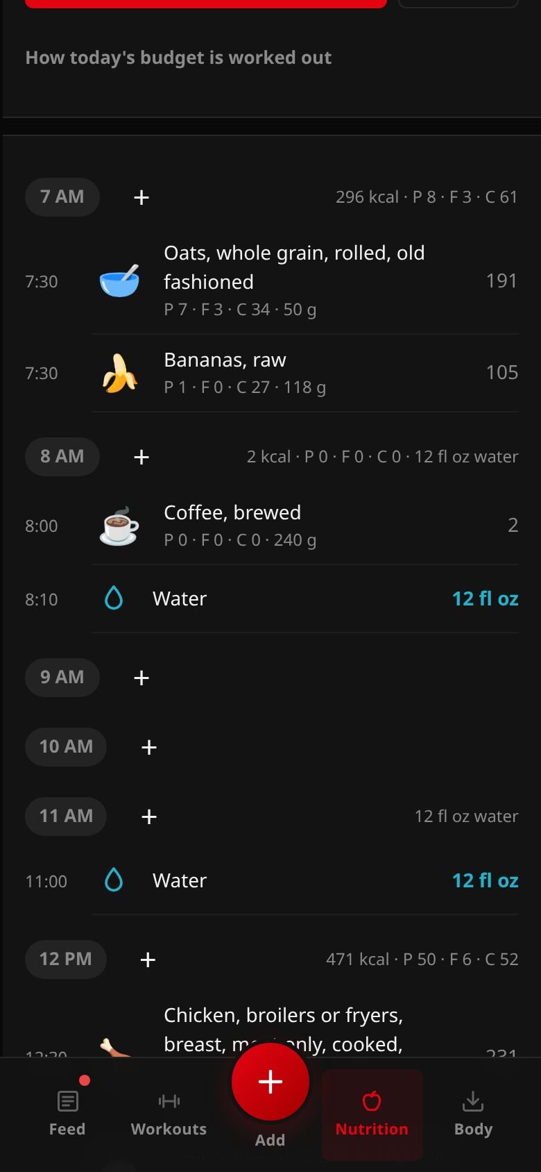 The Nutrition timeline: hours with the foods and drinks logged in each, their calories and macros, and a + beside each hour.