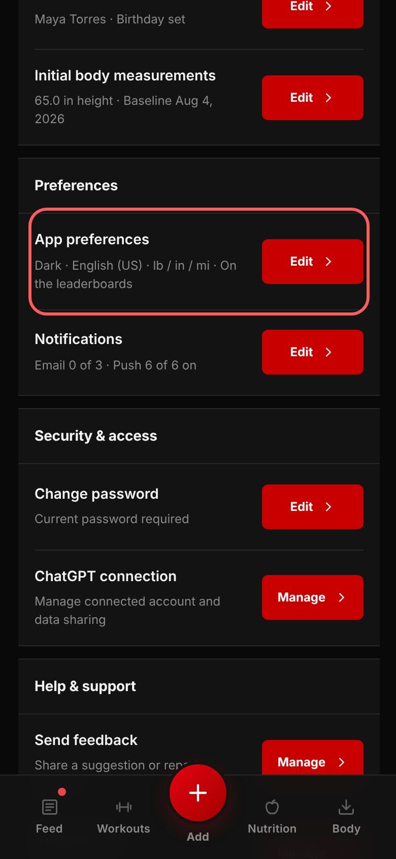 Account Management on a phone, with the App preferences row, summing up Dark, English (US) and lb / in / mi, and its Edit button outlined.