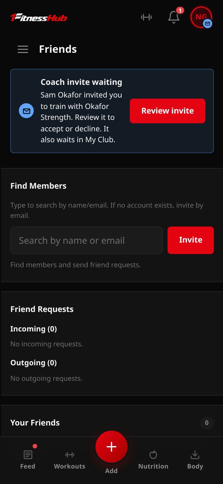 My Profile with a Coach invite waiting note in blue at the top: Sam Okafor invited you to train with Okafor Strength, and a Review invite button.