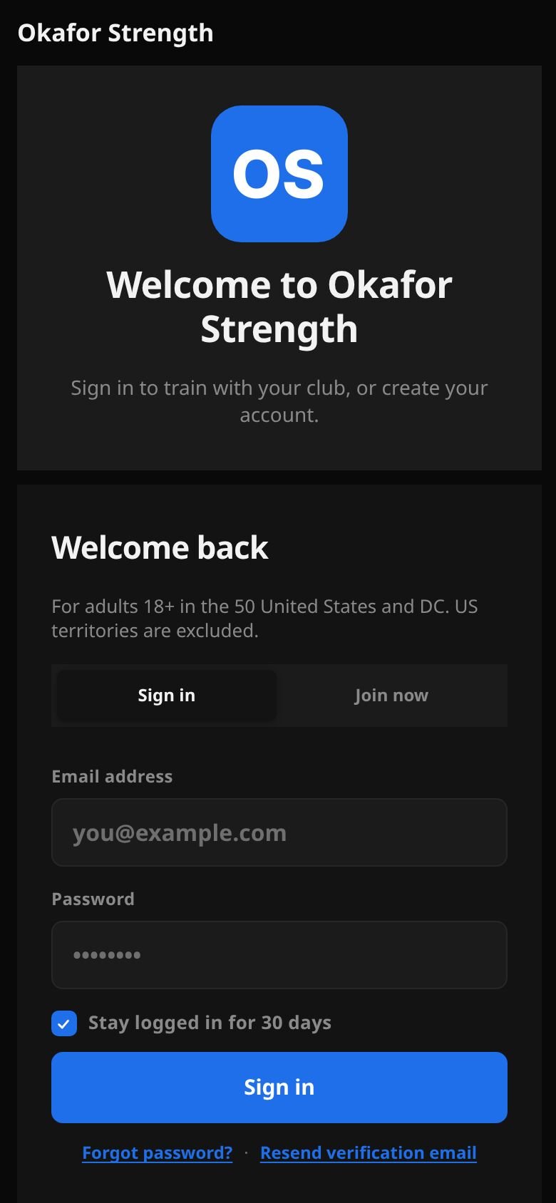 The Okafor Strength sign-in page on a phone: the club logo, Welcome to Okafor Strength, and the sign-in form with a blue Sign in button.