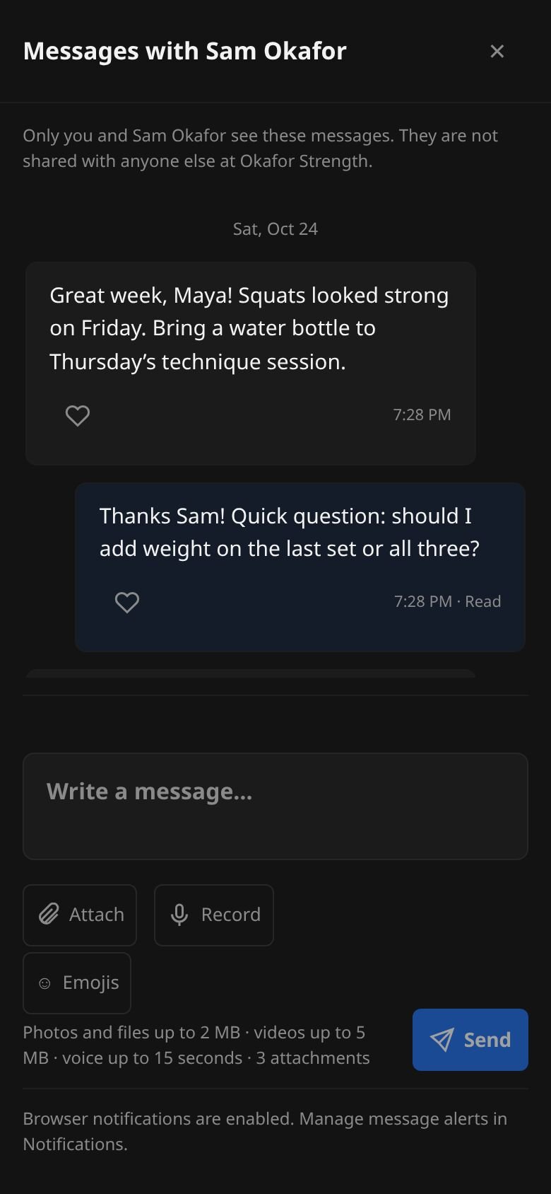The Message coach sheet sliding over My Program Overview, with the conversation and a message box with Attach, Record and Emojis buttons.