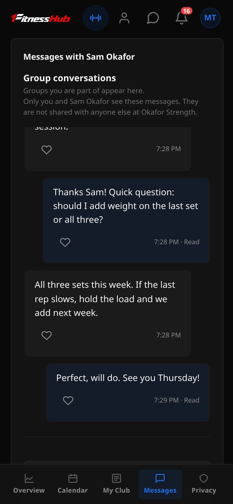 The Messages area: a private conversation with Sam Okafor, with a message box, Attach, Record and Emojis buttons and a Send button, and a line saying only you and your coach see these messages.
