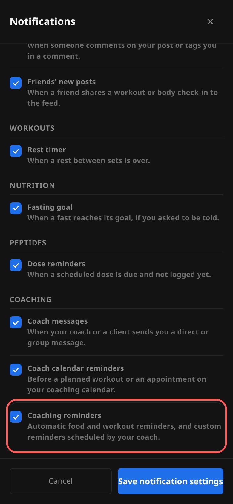 The Notifications editor in Account Management, scrolled to the Coaching group of push switches with the Coaching reminders switch ringed.