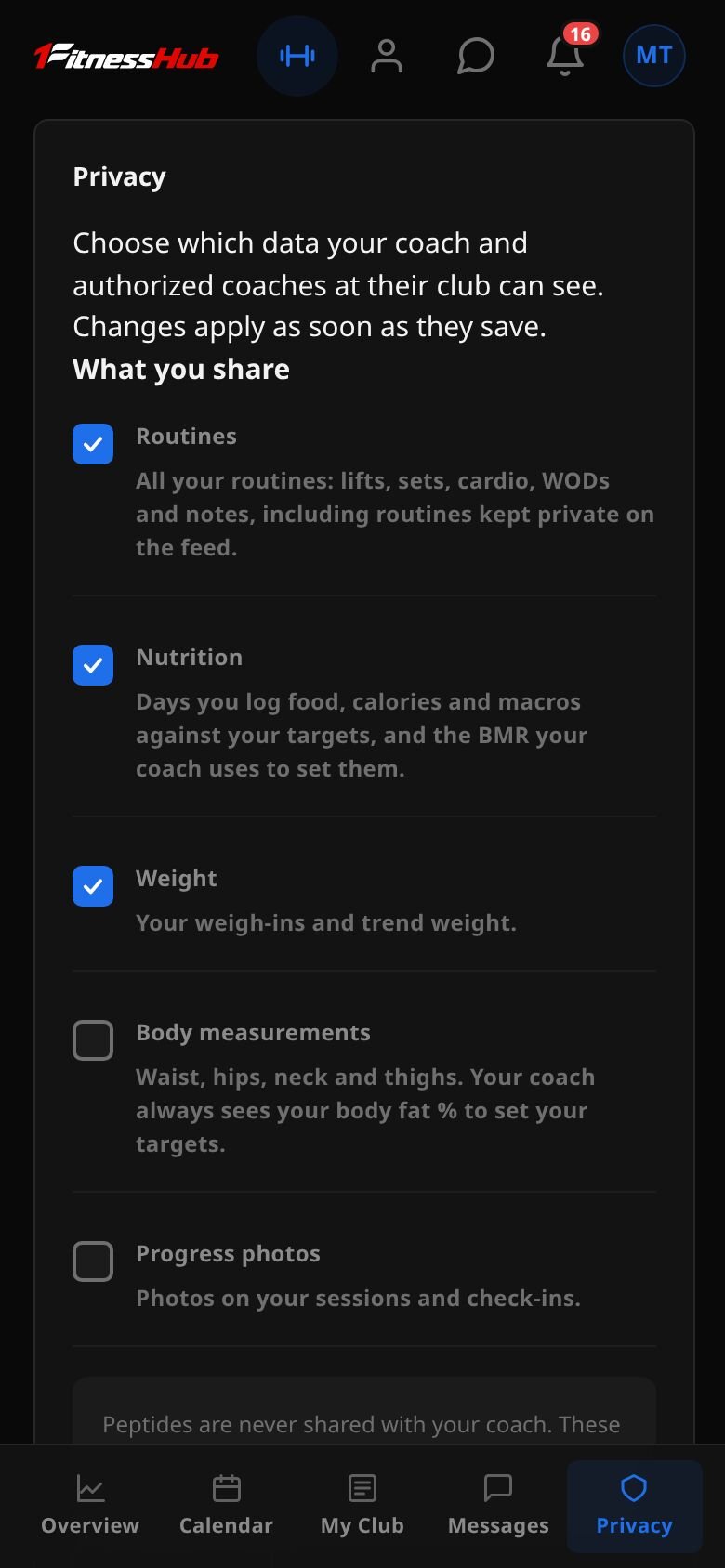 The Privacy area: Choose which data your coach and authorized coaches at their club can see, with Workouts, Nutrition and Weight ticked and Body measurements and Progress photos unticked, and a Leave coach button.
