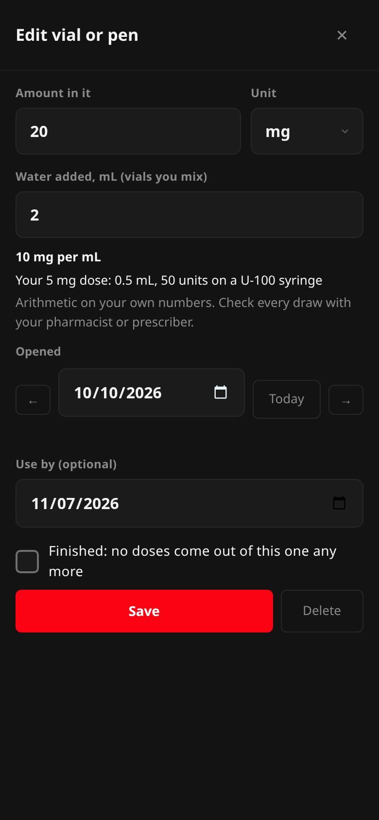 The vial sheet: 20 mg with 2 mL of water added, showing 10 mg per mL and a 5 mg dose as 0.5 mL, 50 units on a U-100 syringe.